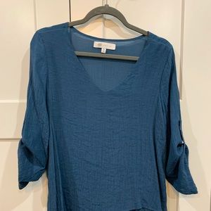 Steel Blue Blouse with Roll-Tab Sleeves